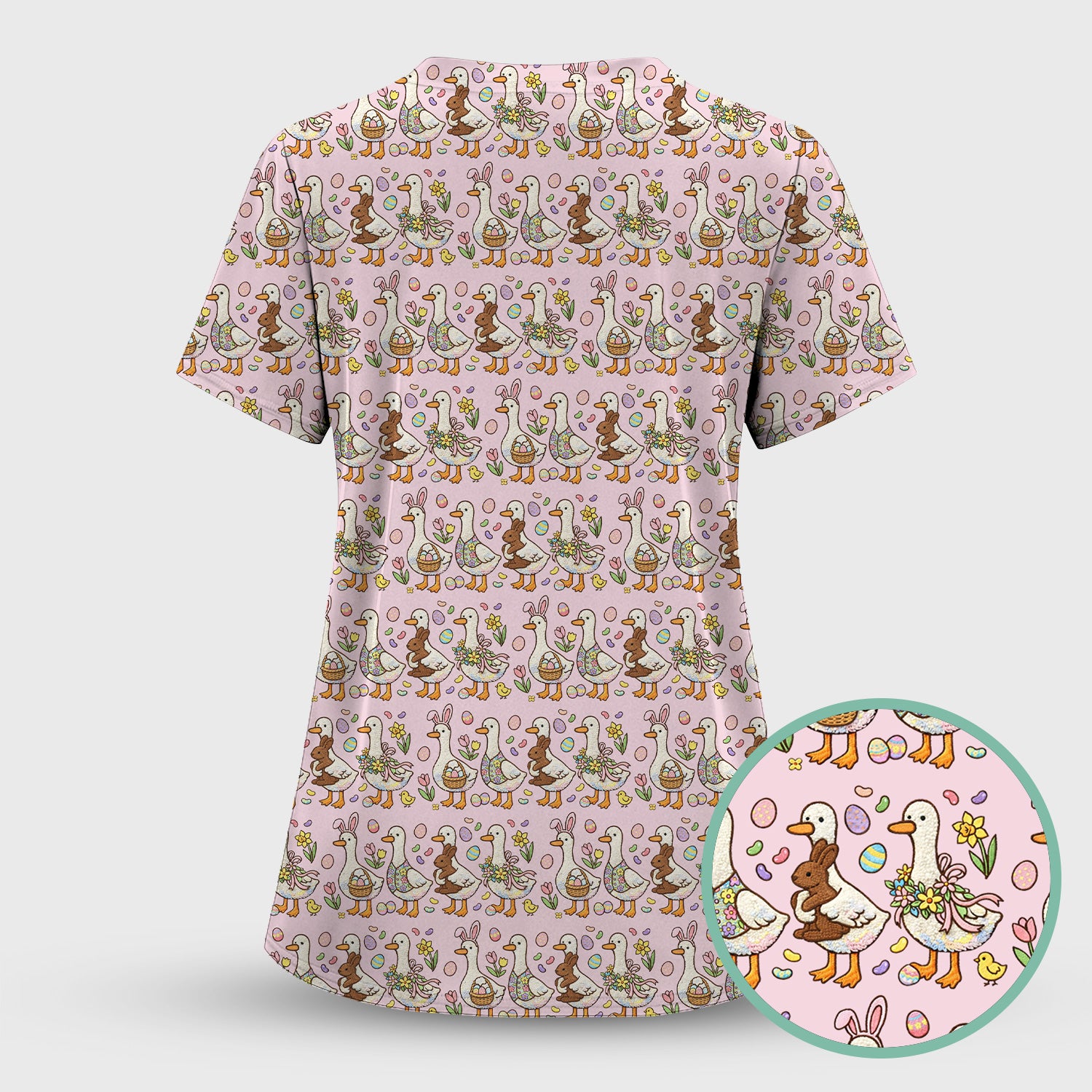 Easter Theme Duck and Bunny Egg Floral Print Scrub Top, Comfortable Scrubs for Nurses