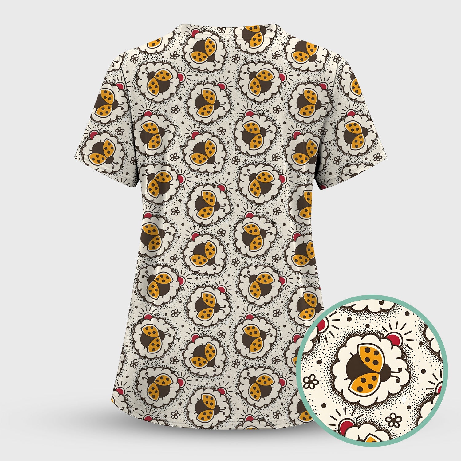 Cute Ladybug in Floral Frame Pattern Scrub Top, Breathable Fabrics Nursing Uniform