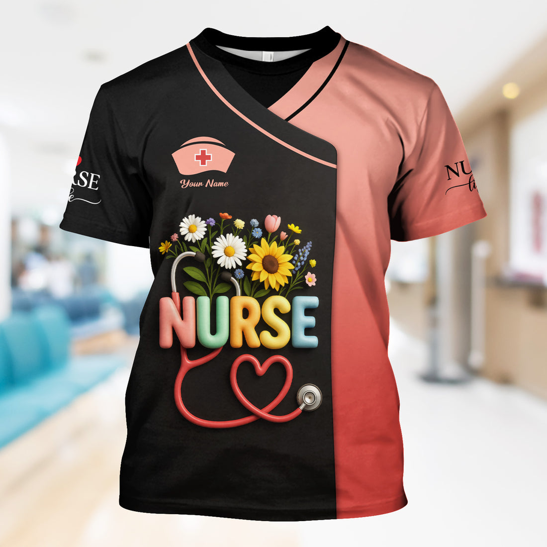 Colorful Floral Nurse Shirt - Personalized Scrub-Style Tee with Heart Stethoscope & Daisies - Gift for RN CNA LPN