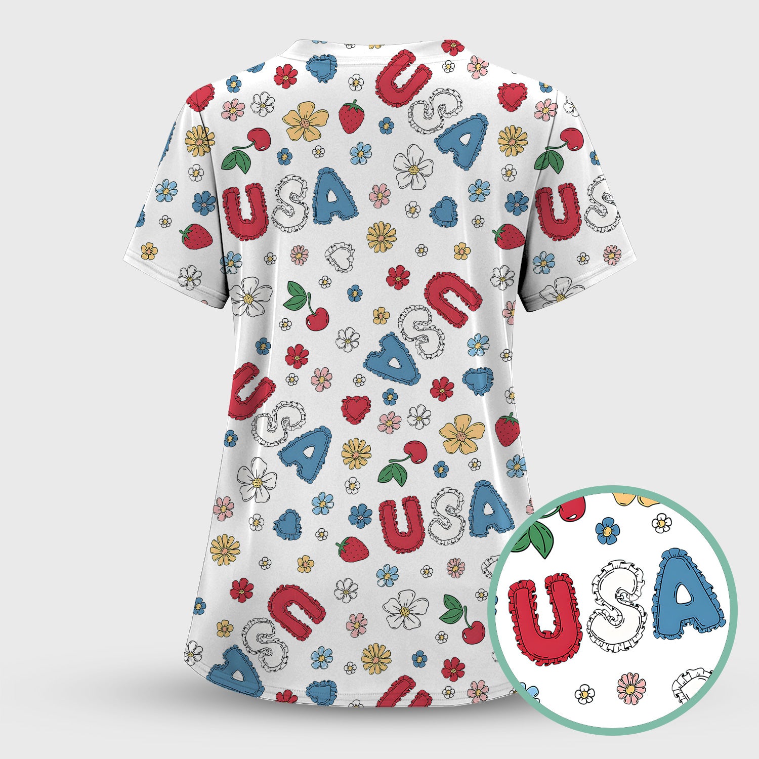 USA Cherry Strawberry Floral Patch Pattern Scrub Set, Scrub Pants and V Neck Top