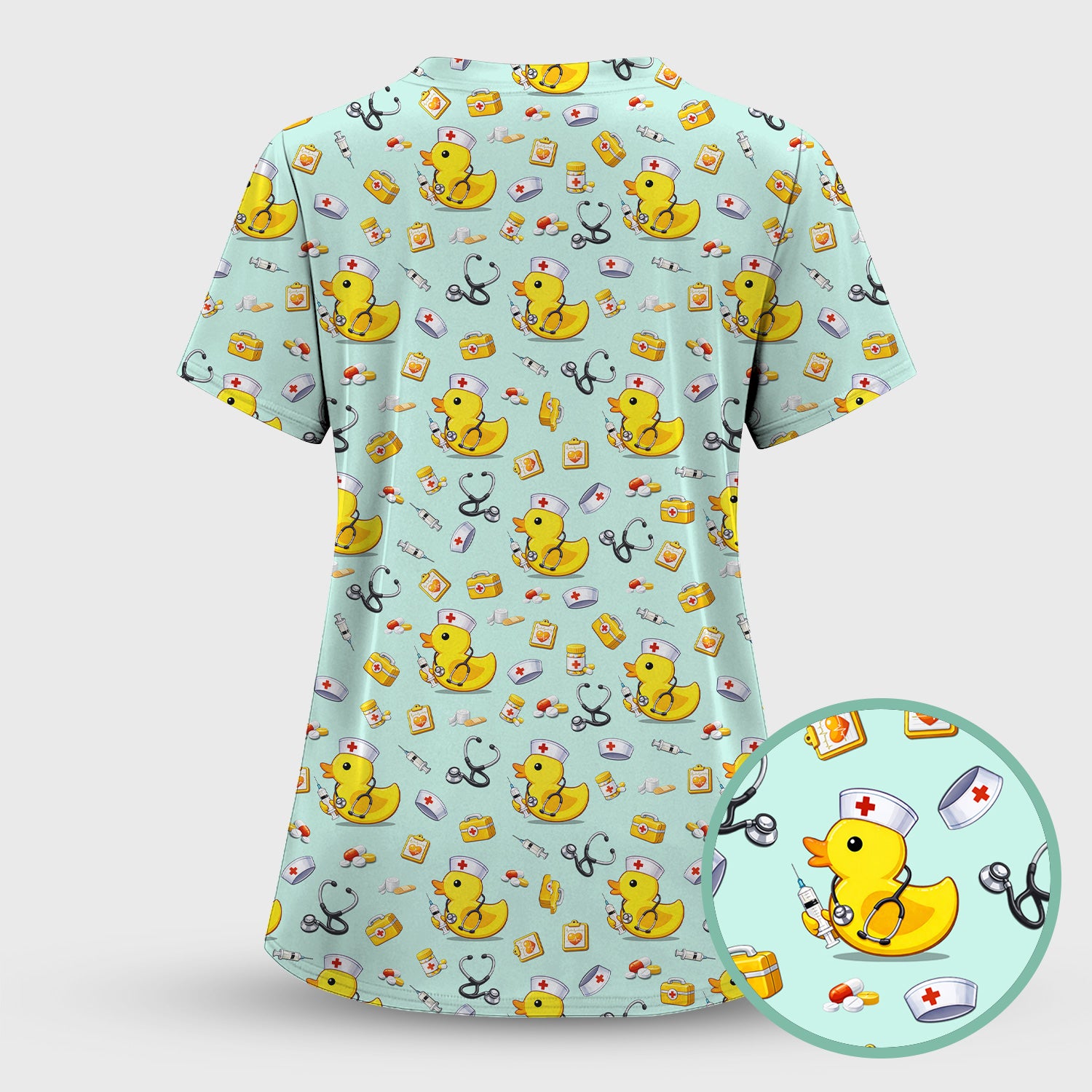 Playful Medical Duck Print Nurse Scrub Top, Comfortable Scrubs for Nurses