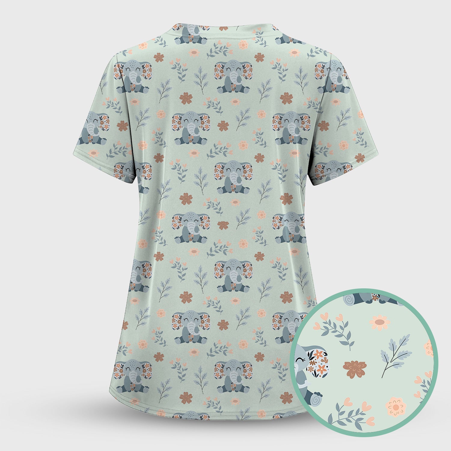 Cute Elephant Floral Print Scrub Top, Comfortable Scrubs for Nurses