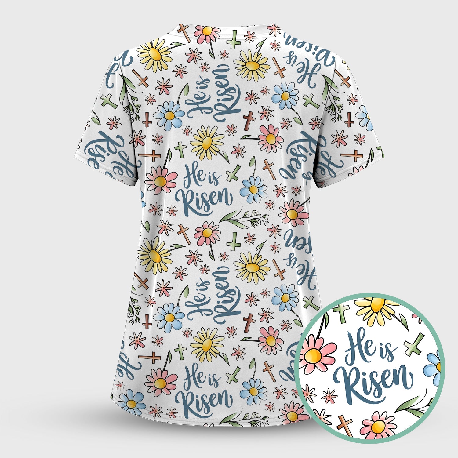 He Is Risen Cross Flower Pattern Scrub Set, Nurse Uniform Scrubs Set