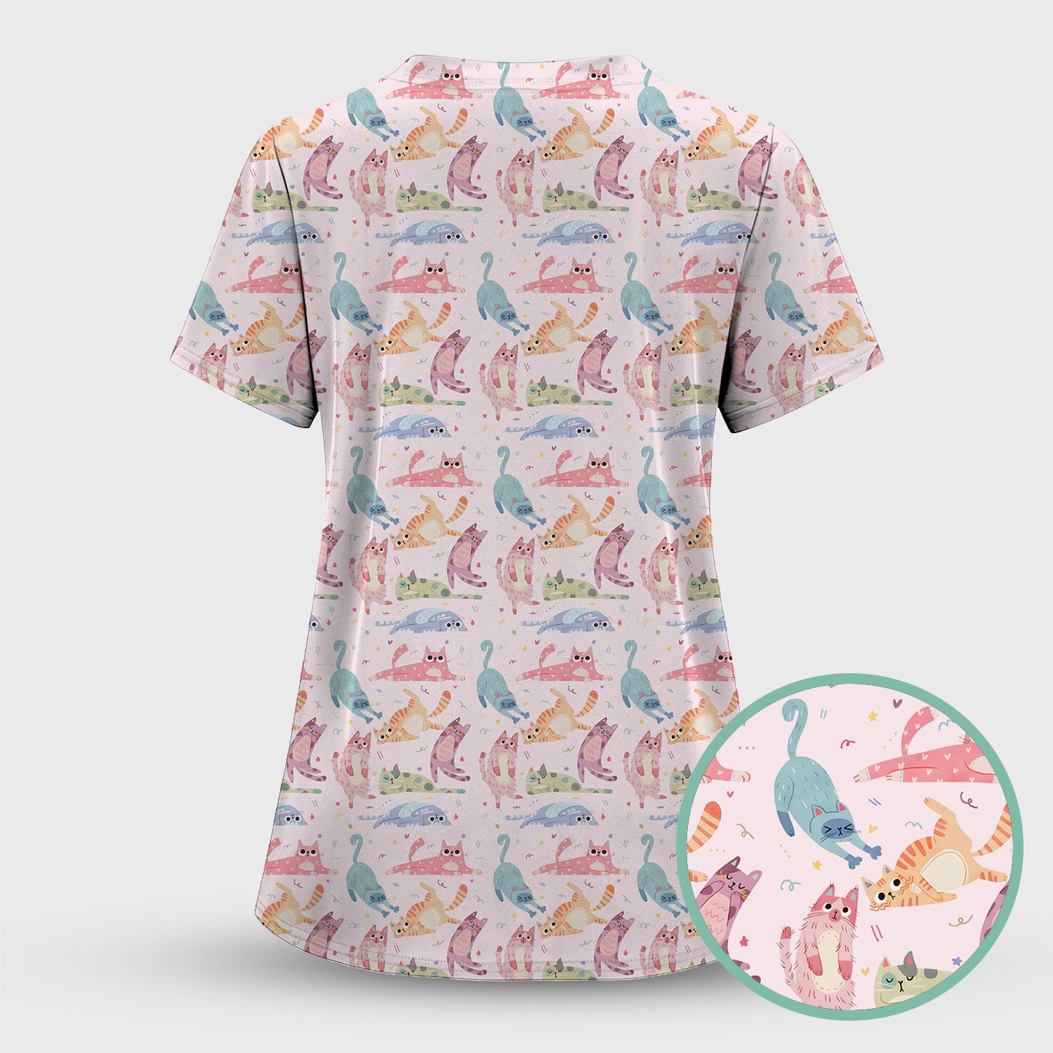 Funny Pastel Cat Pattern Medical Scrub Top, Breathable Fabrics Nursing Uniform