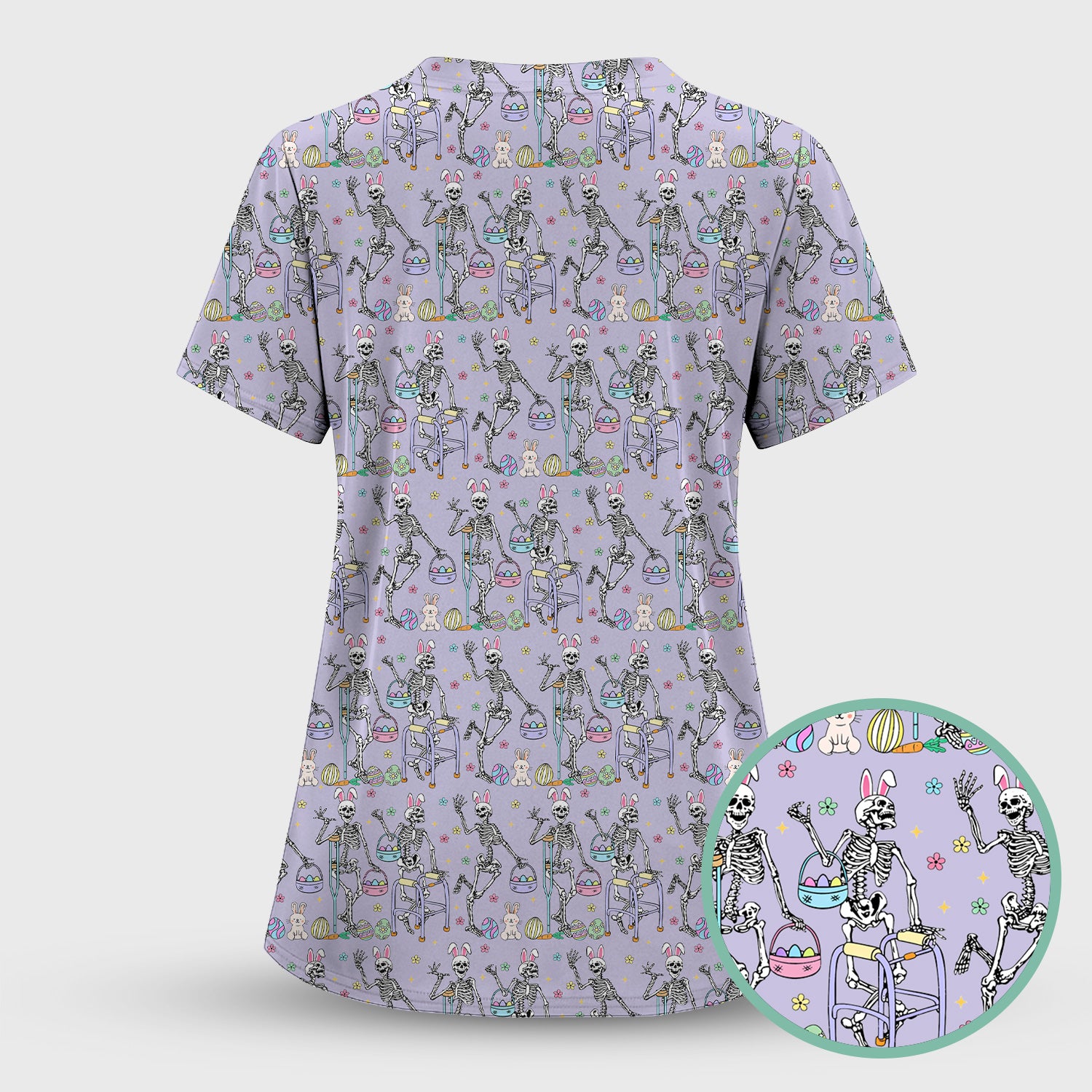 Fun Skeleton Bunny Easter Print Scrub Top, Comfortable Scrubs for Nurses