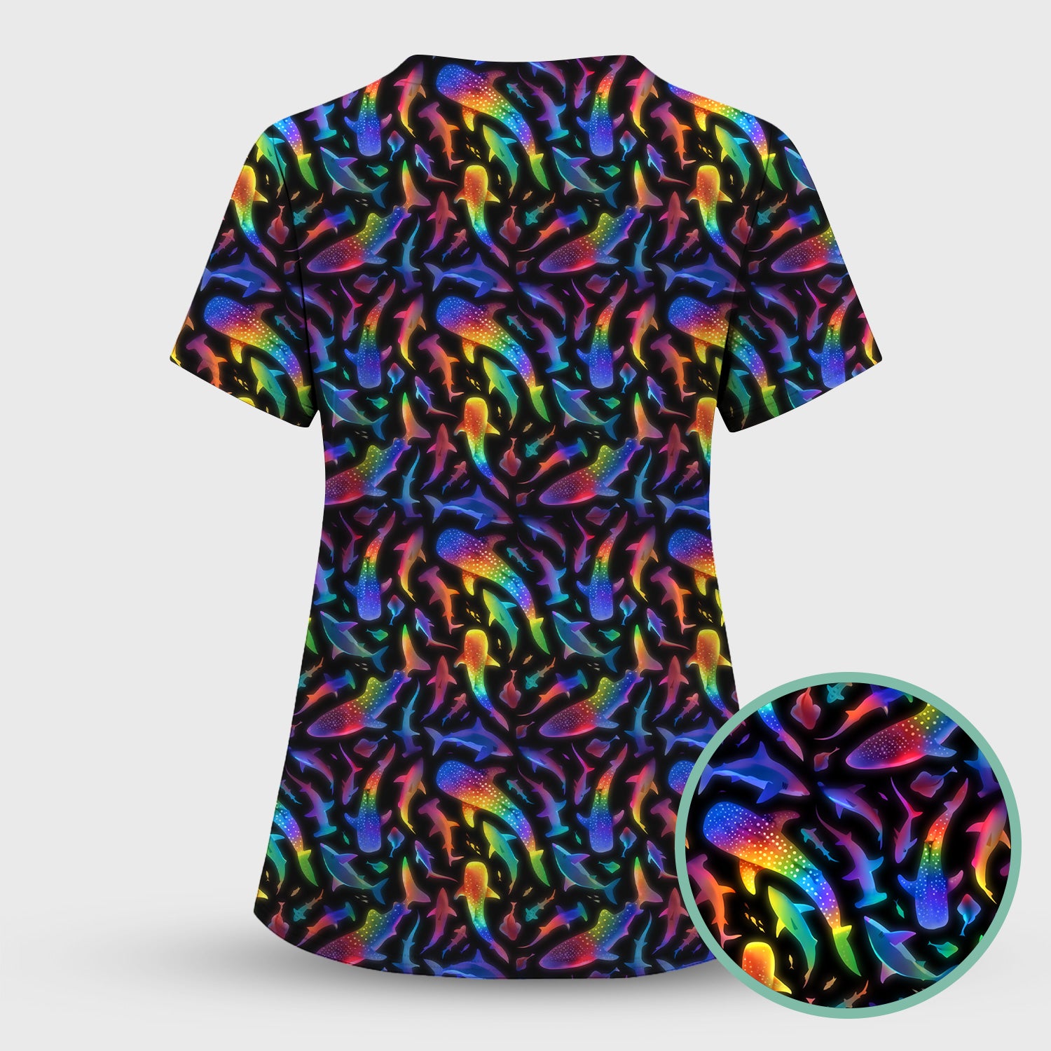 Vibrant Rainbow Shark Pattern Scrub Top, Comfortable Scrubs For Nurses
