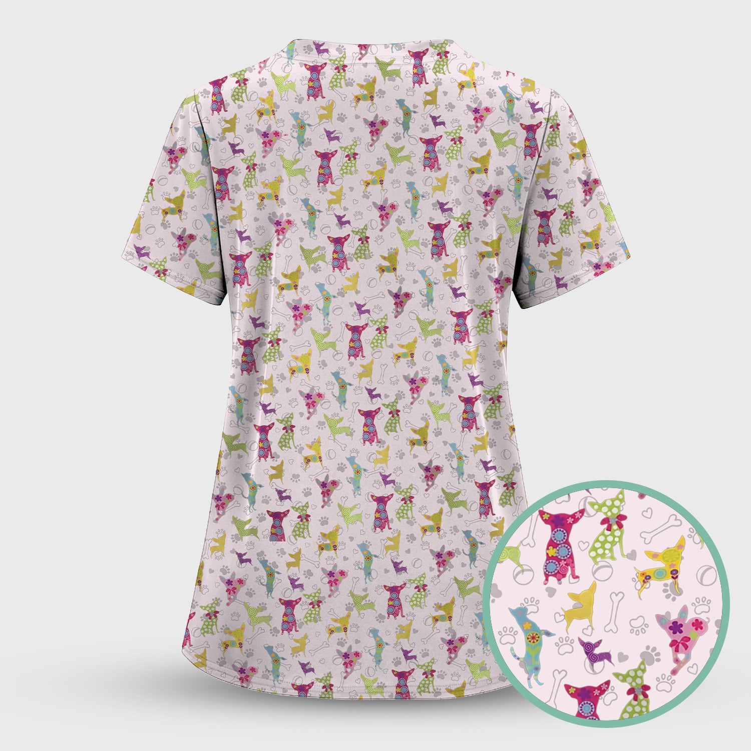 Colorful Playful Dog Print Nurse Scrub Top, Comfortable Scrubs for Nurses