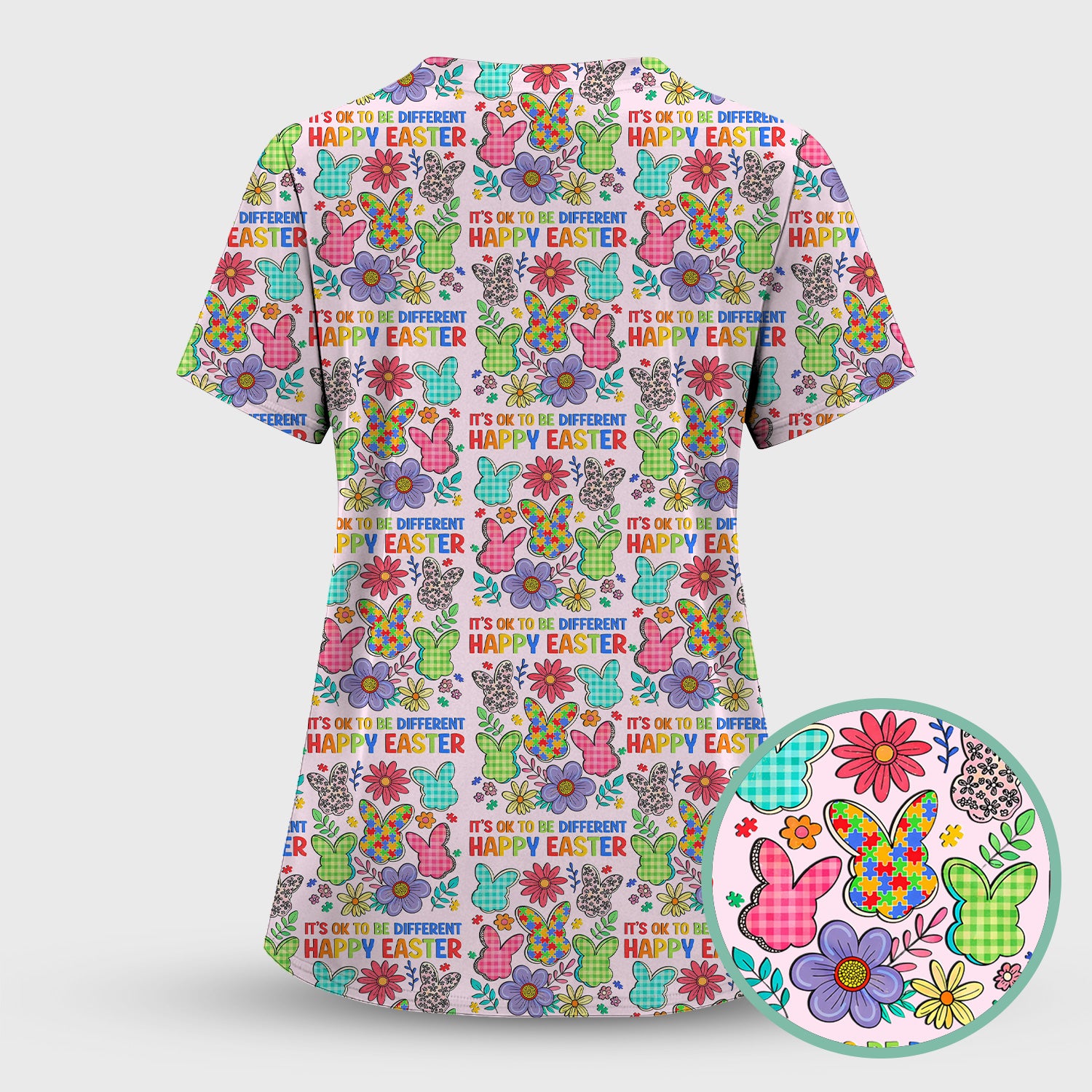 Happy Easter Bunny Floral Print Scrub Top, Breathable Fabrics Nursing Uniform