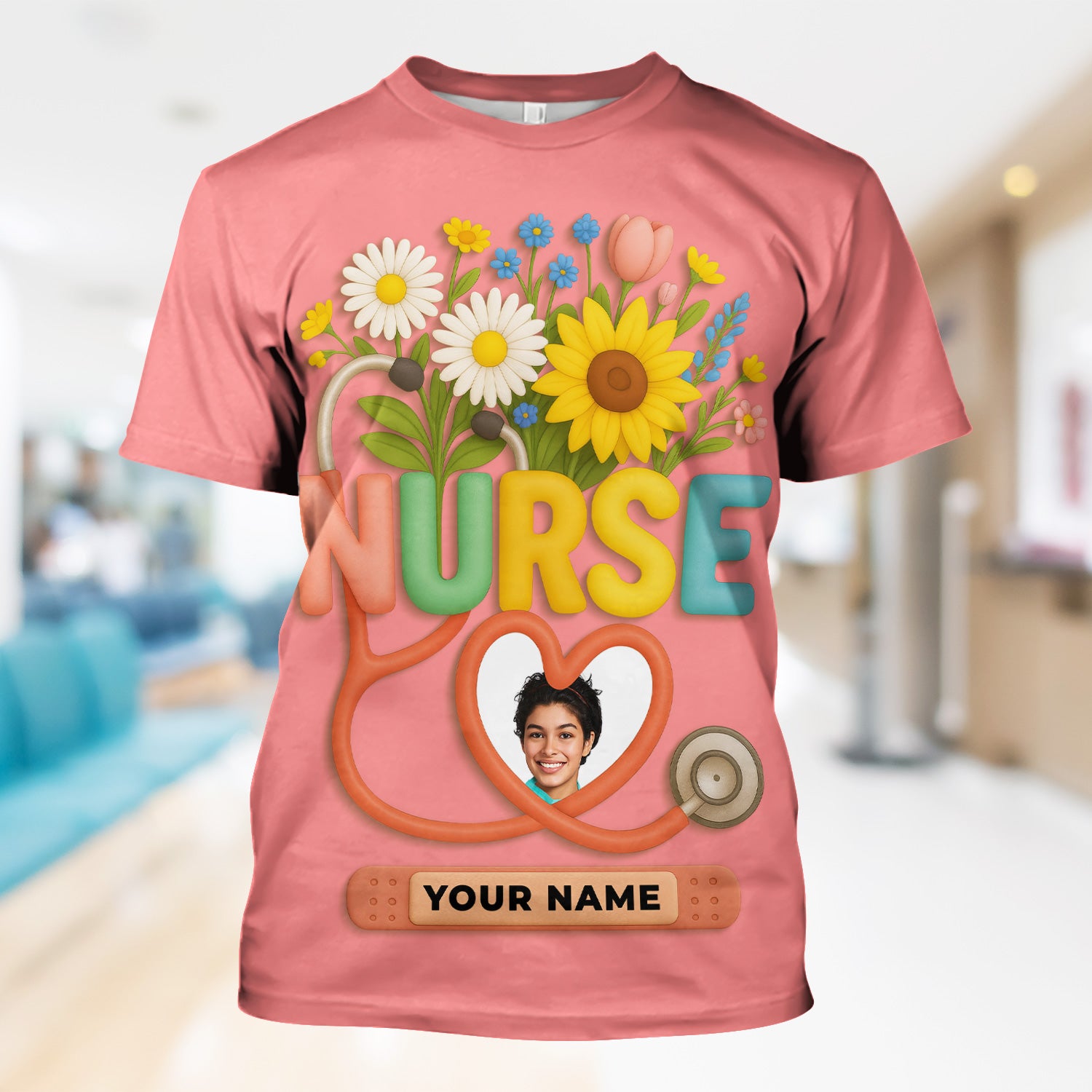 Nurse Appreciation Shirt for CNA RN LPN - Floral Heart Stethoscope Design - Custom Photo & Name Gift for Women Healthcare Workers - Multiple Shirt Colors Available