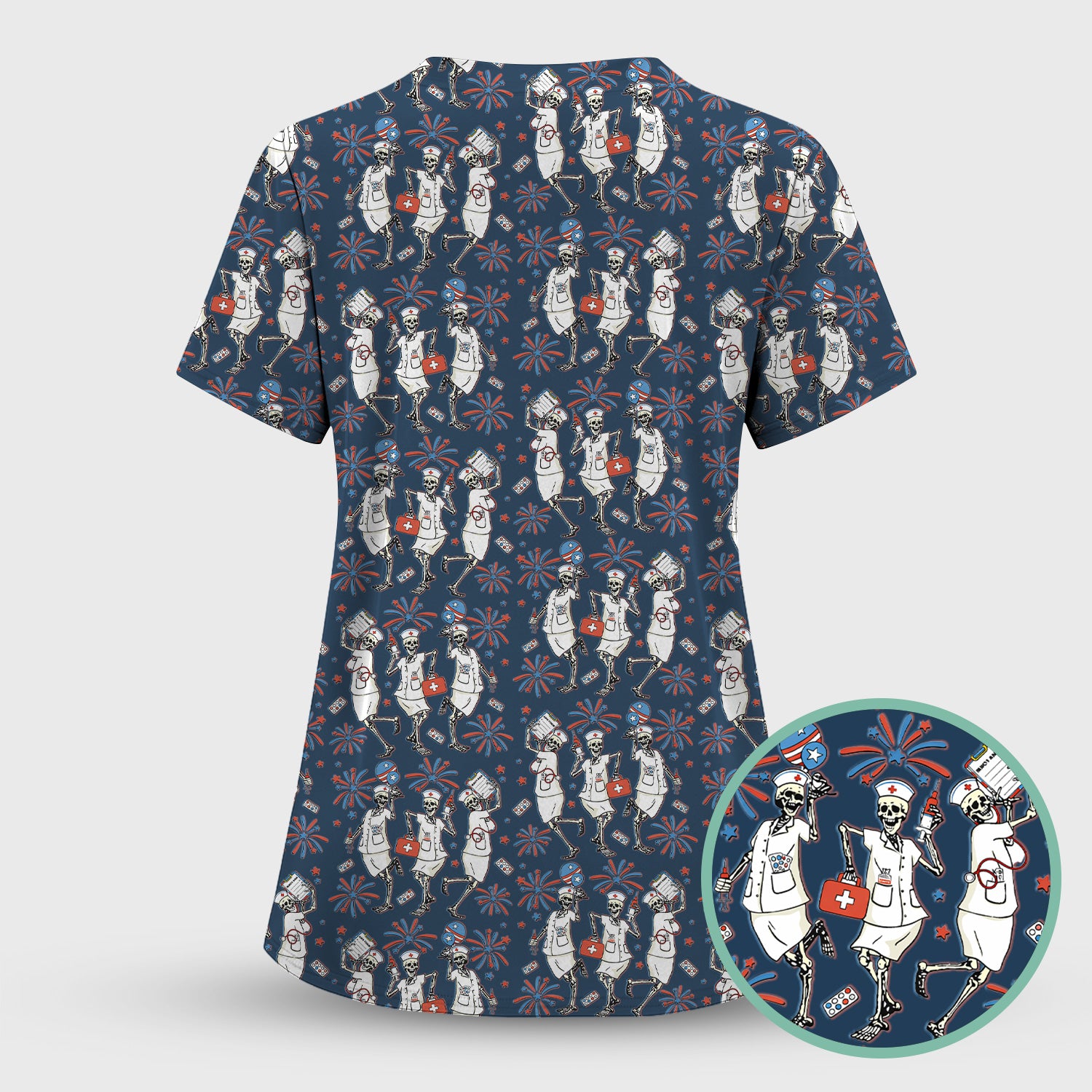 Funny Skeleton Nurse Patriotic Print Scrub Set, Scrub Pants and V Neck Top