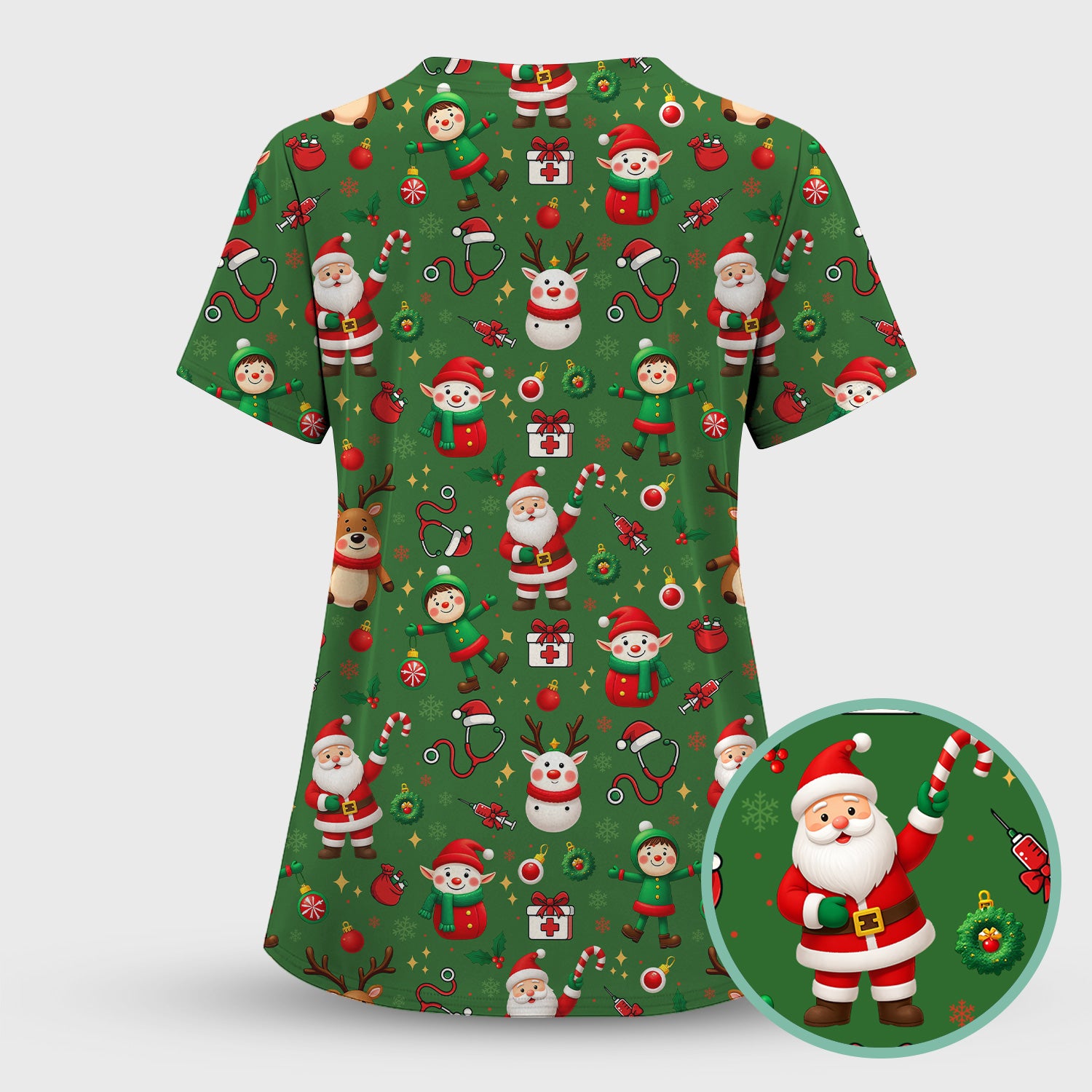 Santa Christmas Scrub Top - Cute Holiday Nurse Medical Shirt - Festive Reindeer Med Uniform for Women RN CNA LPN