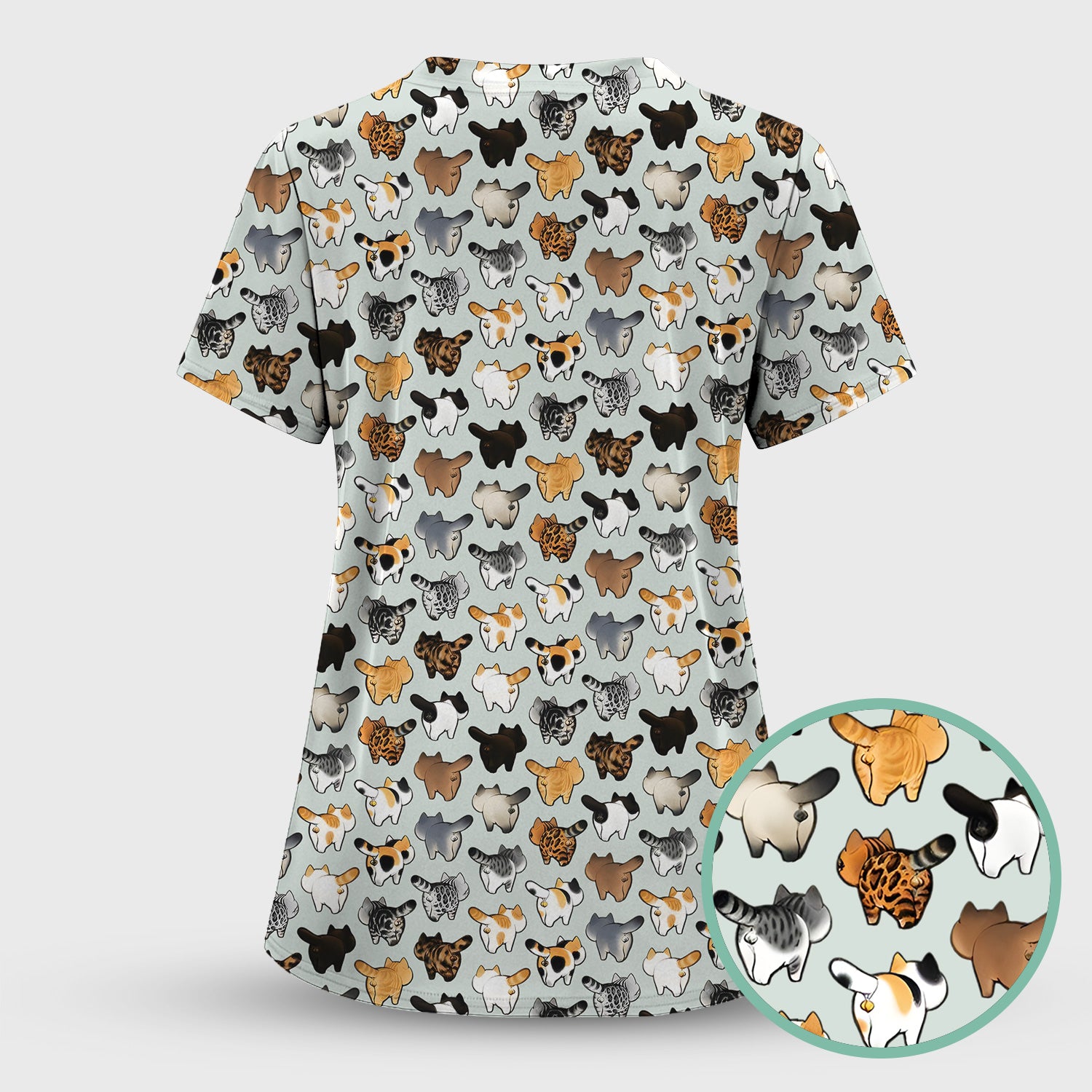 Cat Butt Pattern Medical Scrub Top, Breathable Fabrics Nursing Uniform