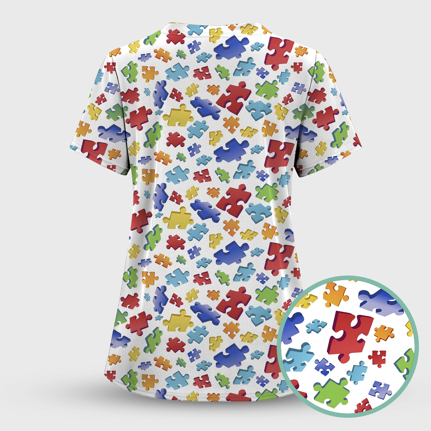 Colorful Scattered Puzzle Piece Pattern Scrub Top, Breathable Scrubs for Nurses, Autism