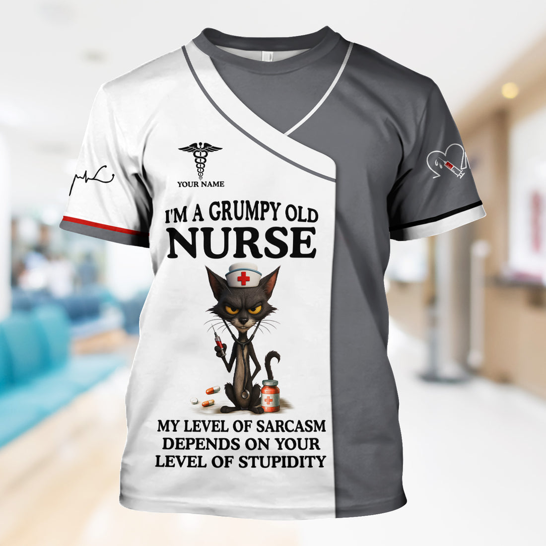 Funny Grumpy Old Nurse Shirt - Sarcastic Black Cat Humor for RN LPN CNA - Custom Name Gift for Nursing Staff Healthcare Workers
