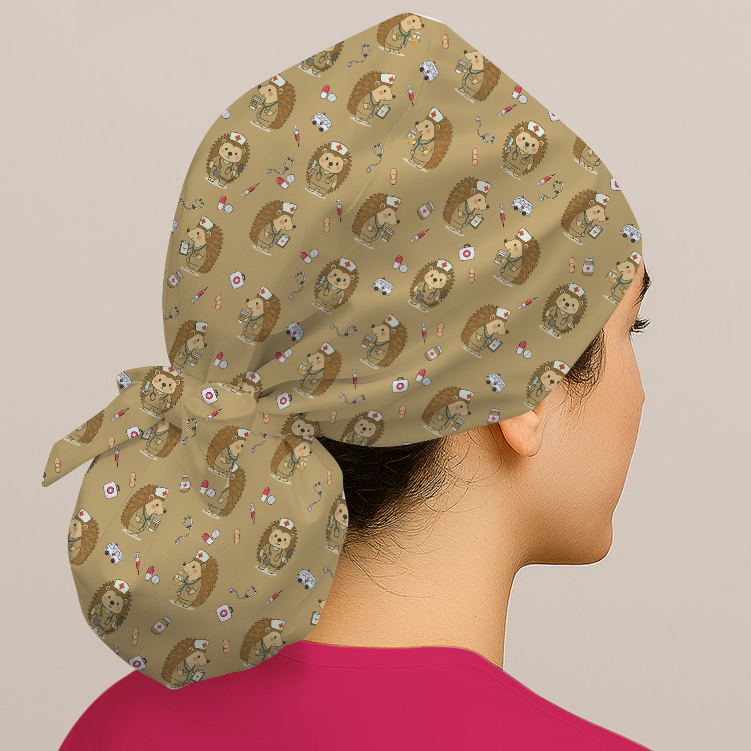 Cute Nurse Animal Scrub Cap - Cute Hedgehog with Coffee & Stethoscope Design - Gift for Healthcare Workers & Vet Techs