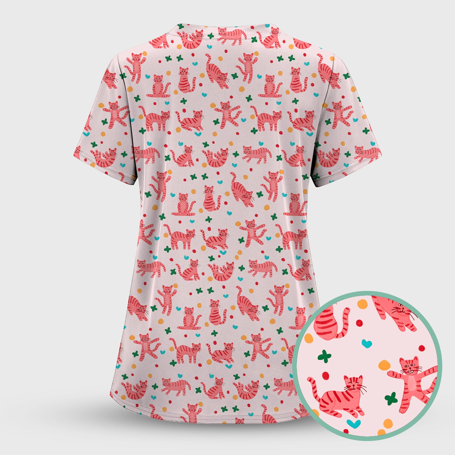 Cute Pink Cat Pattern Scrub Top, Comfortable Scrubs for Nurses