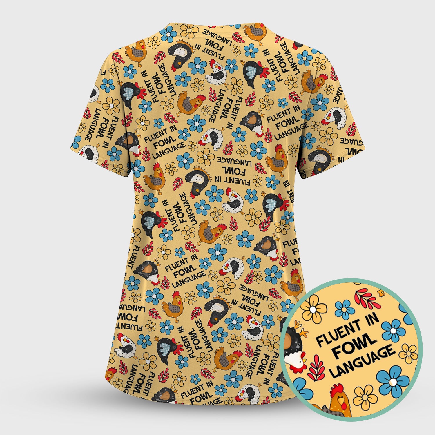 Funny Chicken Fluent in Fowl Language Pattern Scrub Top, Comfortable Scrubs for Nurses