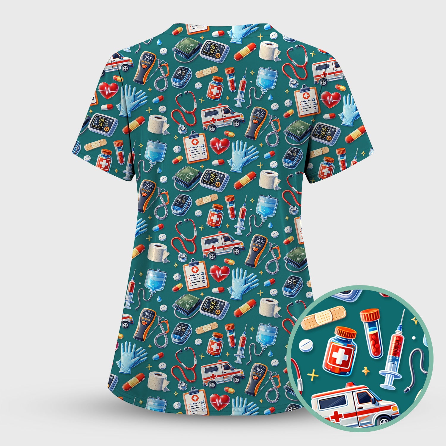 Medical Tools Pattern Ambulance Stethoscope Scrub Top, Comfortable Scrubs for Nurses