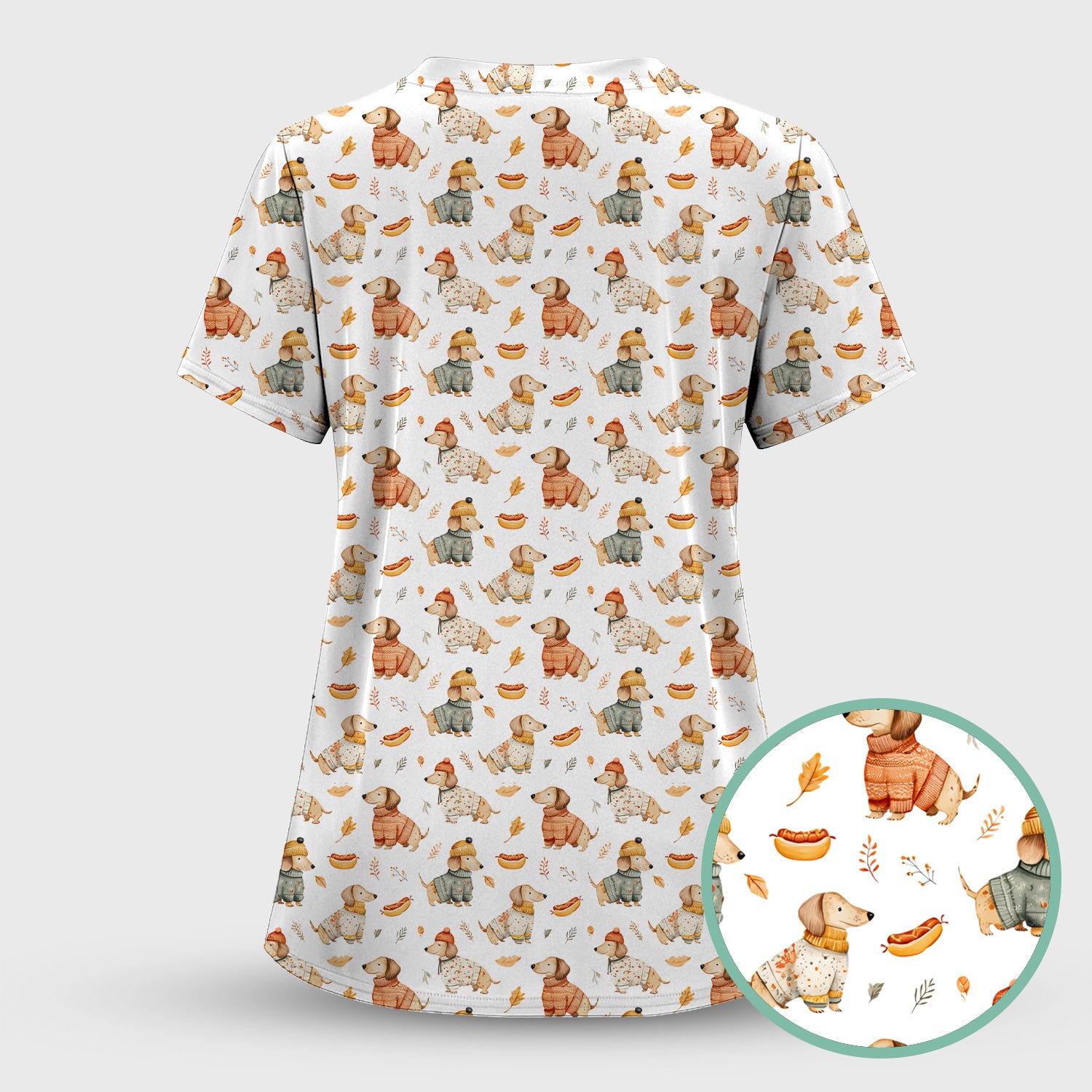 Autumn Dachshund Dog Sweater Print Scrub Top, Comfortable Scrubs for Nurses