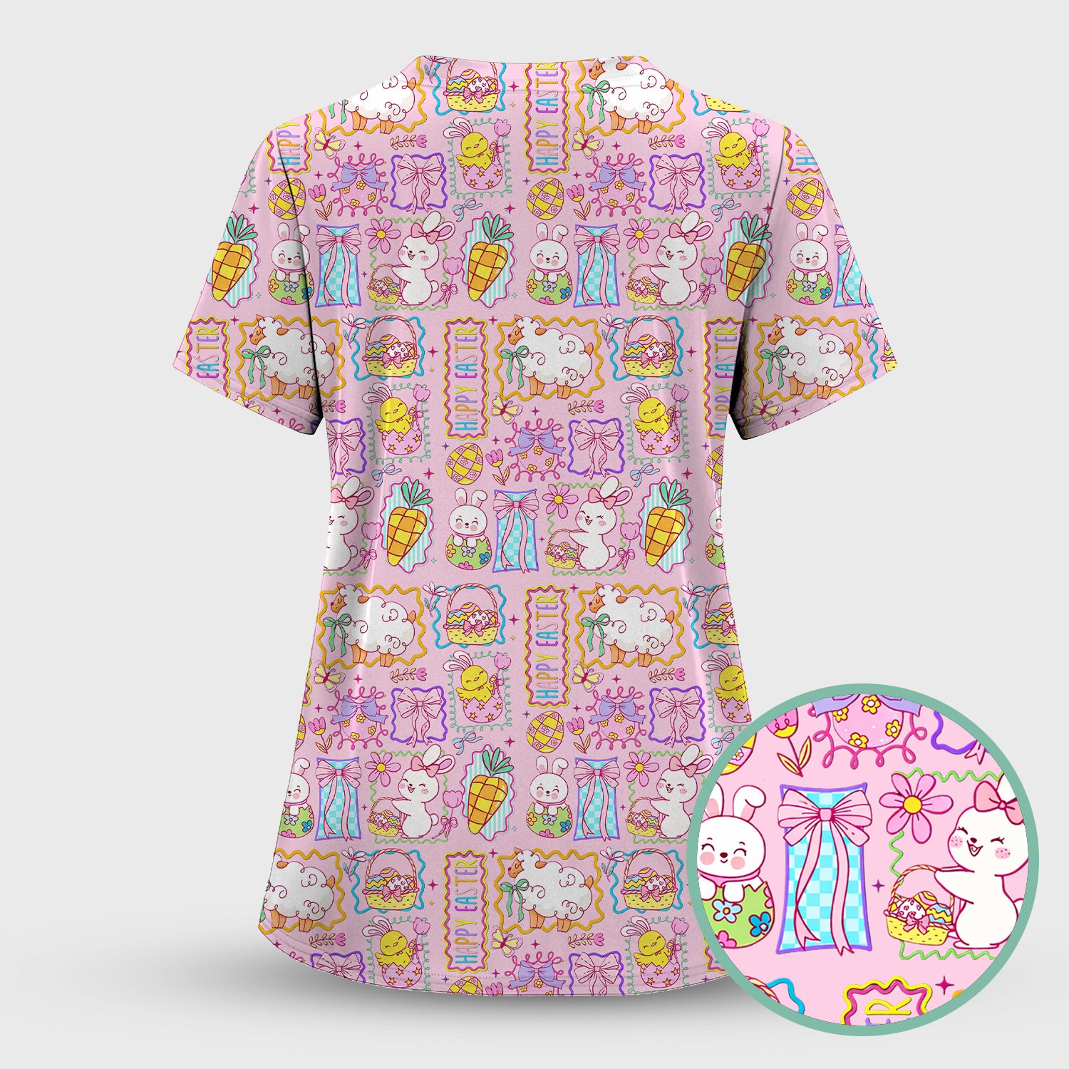 Cute Easter Bunny Egg and Bow Print Scrub Top, Breathable Fabrics Nursing Uniform