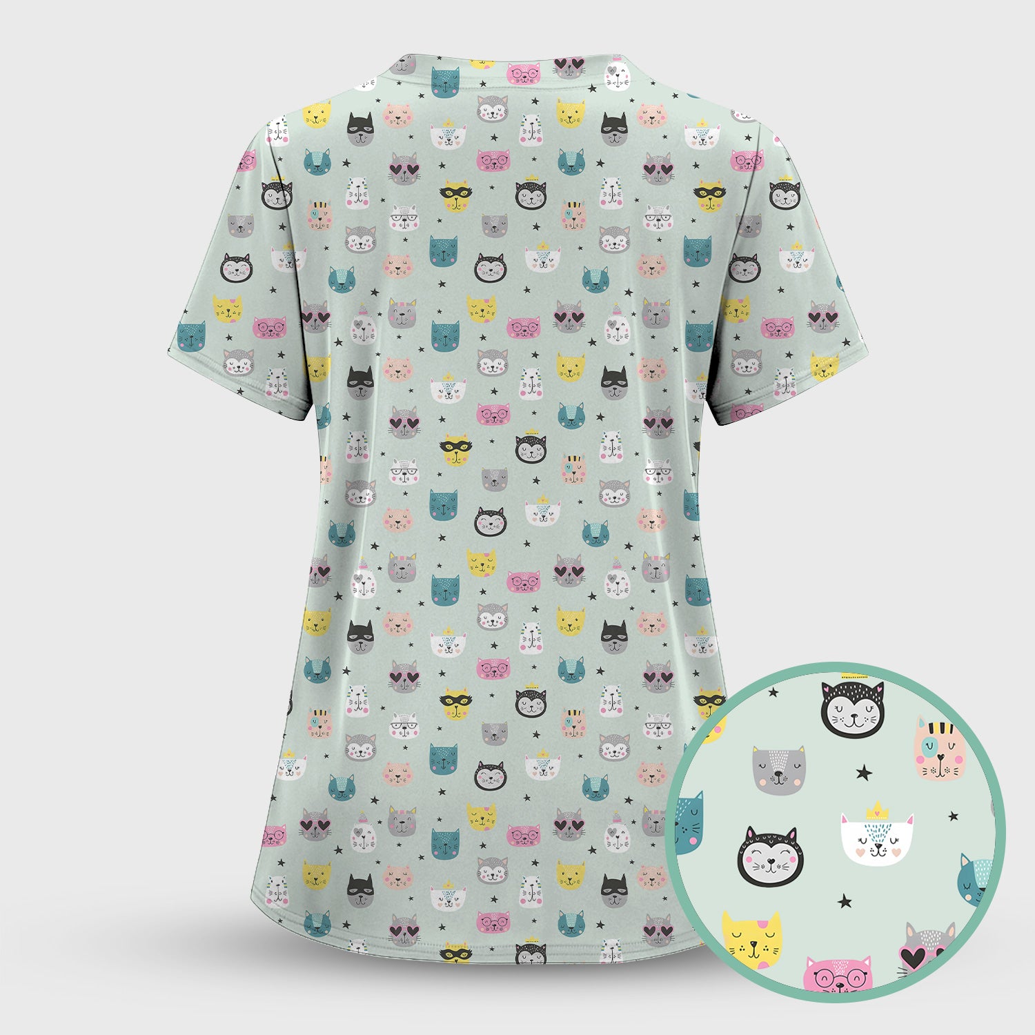 Cute Colorful Cat Pattern Scrub Top, Comfortable Scrubs for Nurses