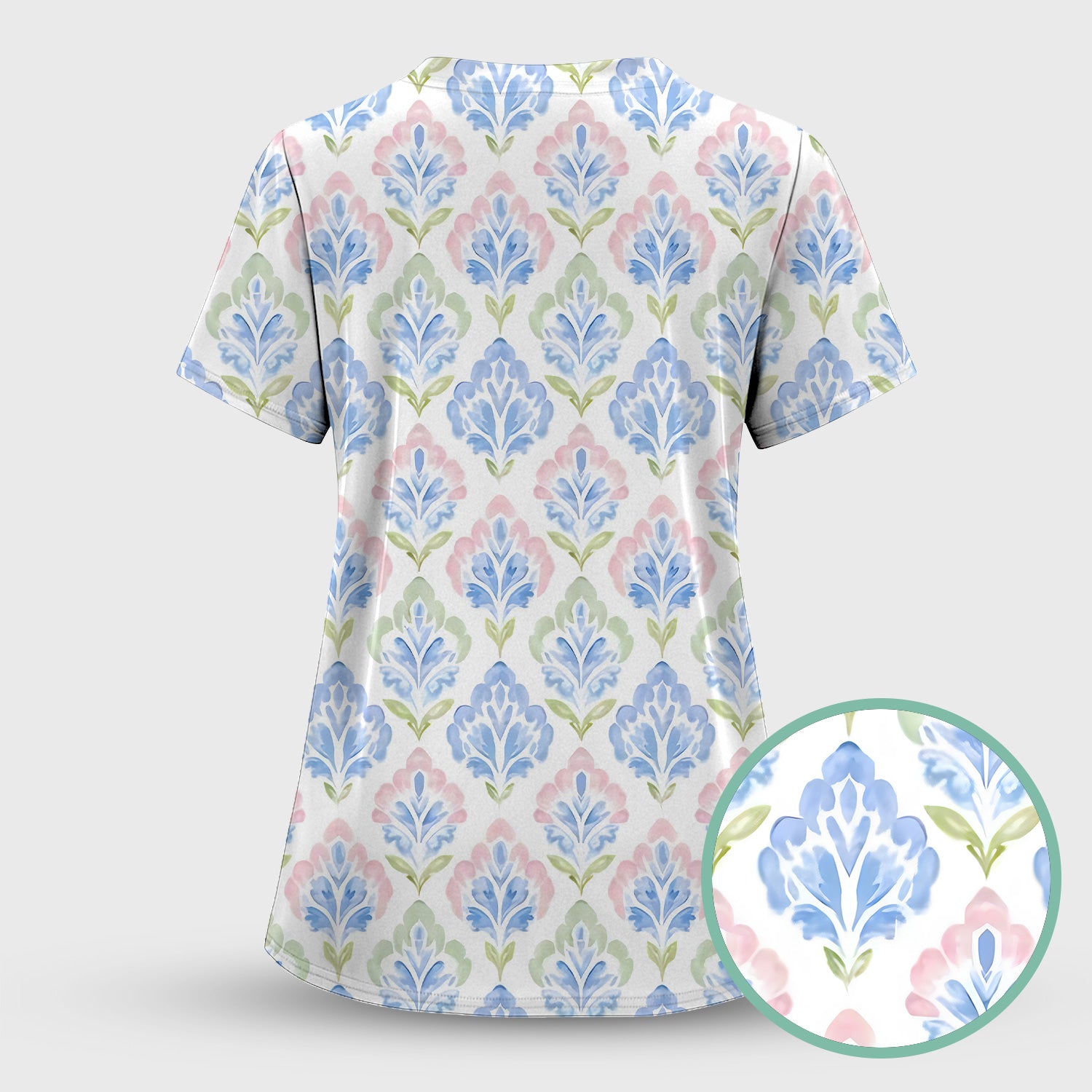 Blue Floral Damask Pattern Scrub Set, Women's Scrub Sets
