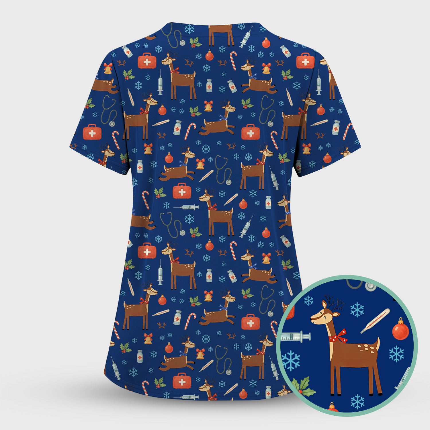Christmas Reindeer Scrub Top for Nurses - Cute Reindeers Snowflakes Candy Canes Shirt - Comfortable Med Uniform