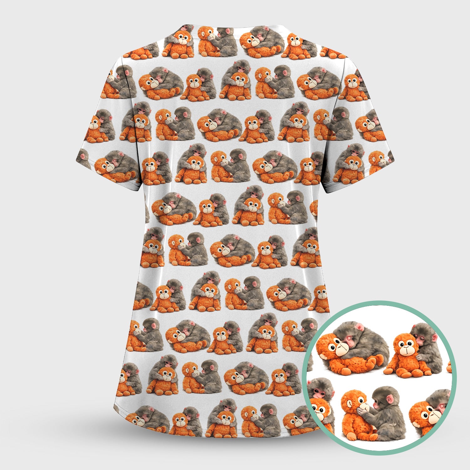 Cute Baby Monkey Plush Toy Animal Pattern Scrub Top, Breathable Medical Uniform Top