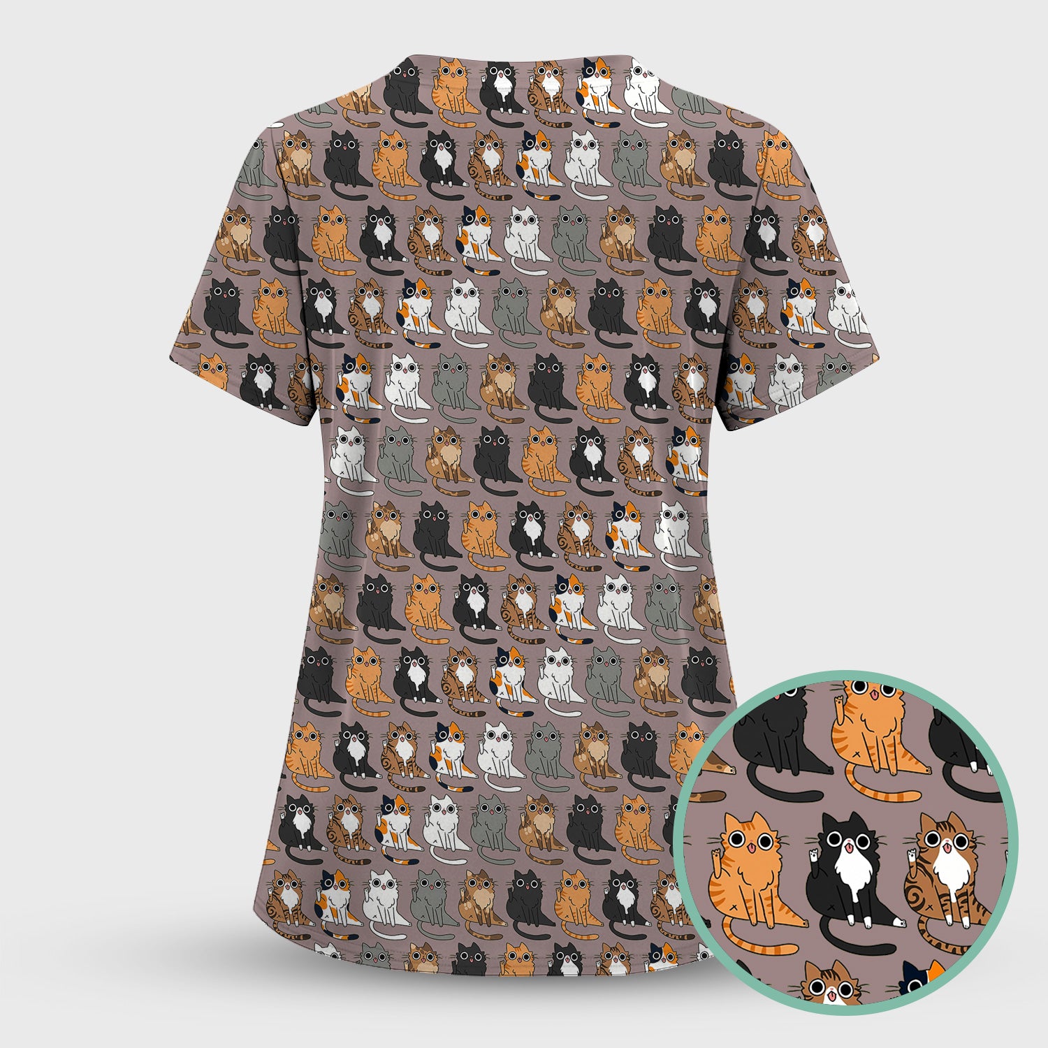 Cute Cartoon Cat Pattern Scrub Top, Comfortable Scrubs for Nurses