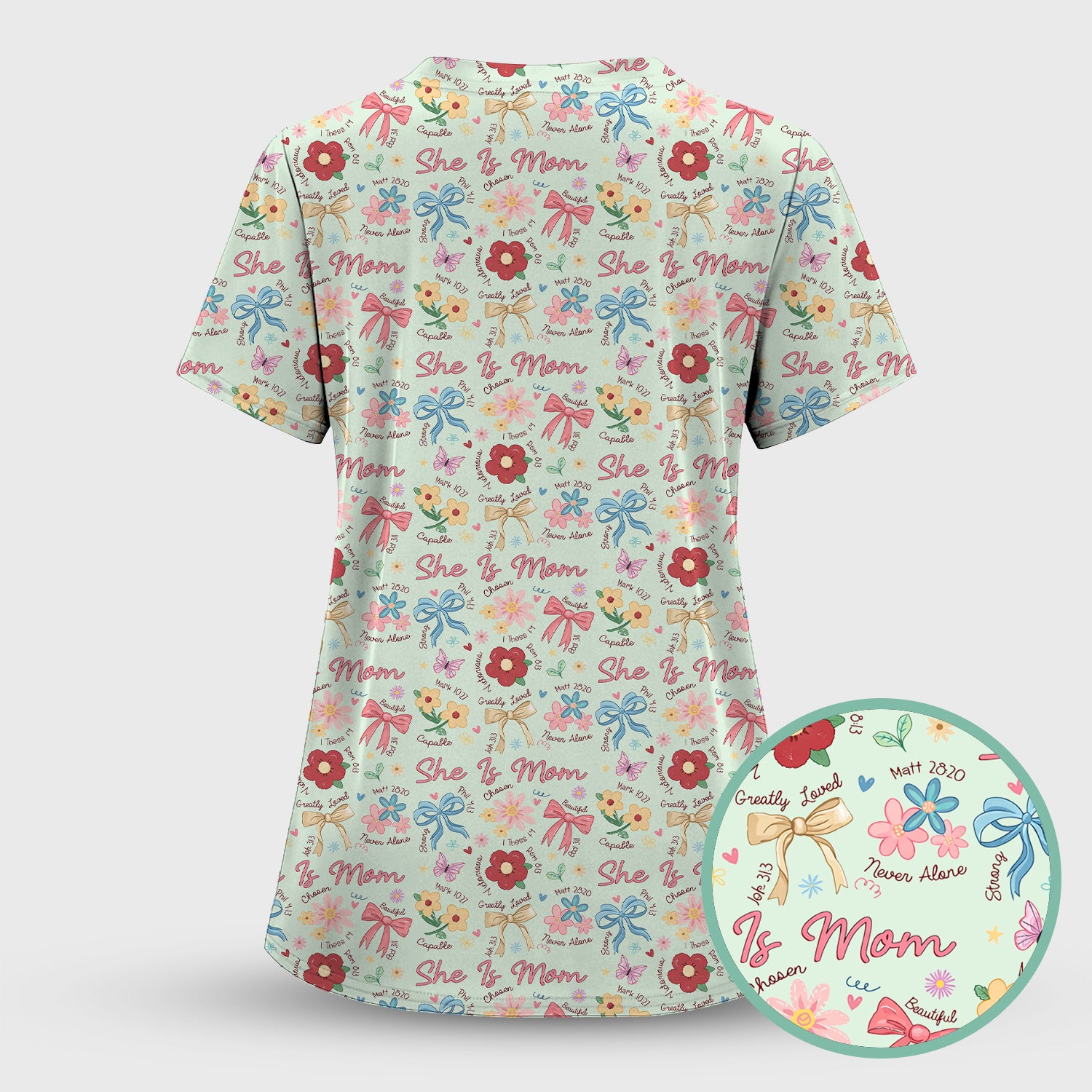 She Is Mom Floral Bow Pattern Scrub Top, Comfortable Scrubs for Nurses