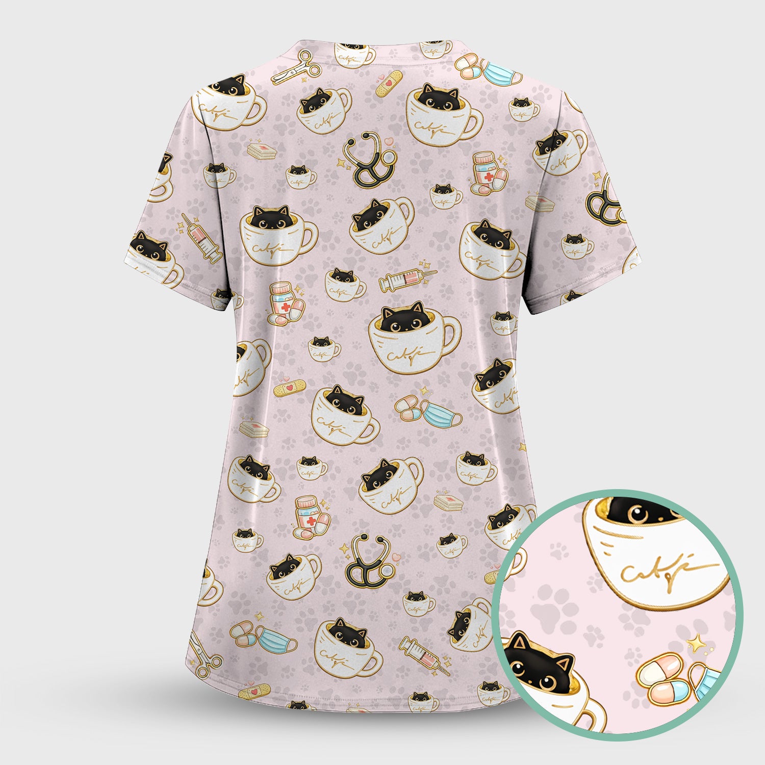 Cute Coffee Cat Medical Print Scrub Top, Breathable Fabrics Nursing Uniform