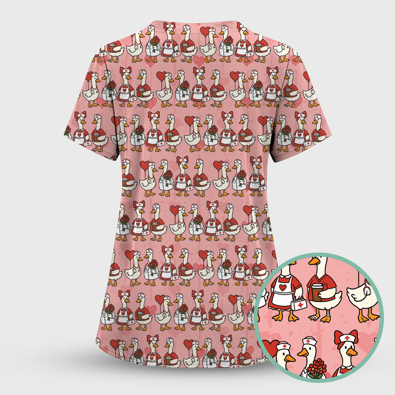 Valentine Nurse Goose with Heart Pattern Scrub Set, Scrub Pants and V Neck Top