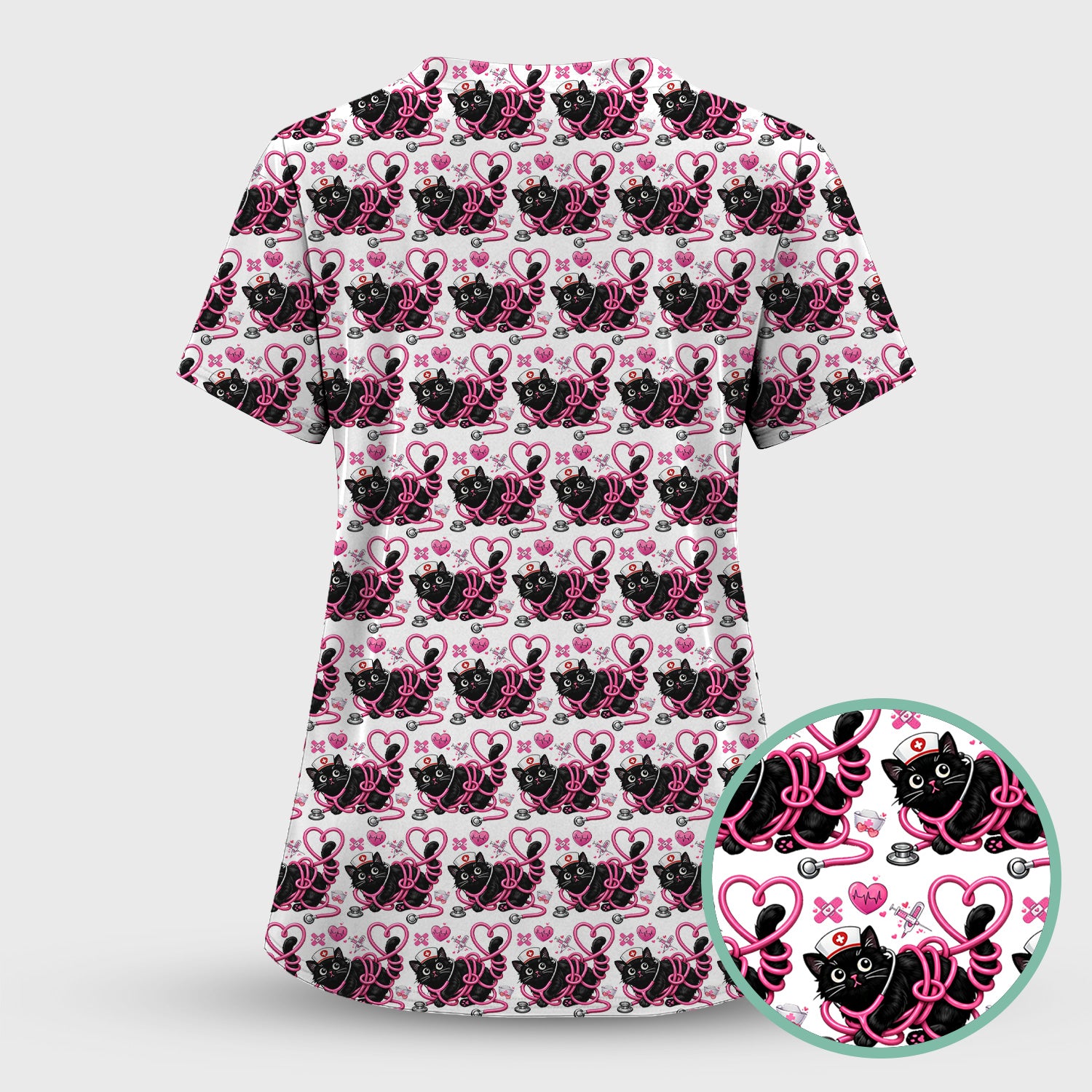 Valentine Cute Cat Nurse Heart Print Scrub Top, Comfortable Scrubs for Nurses