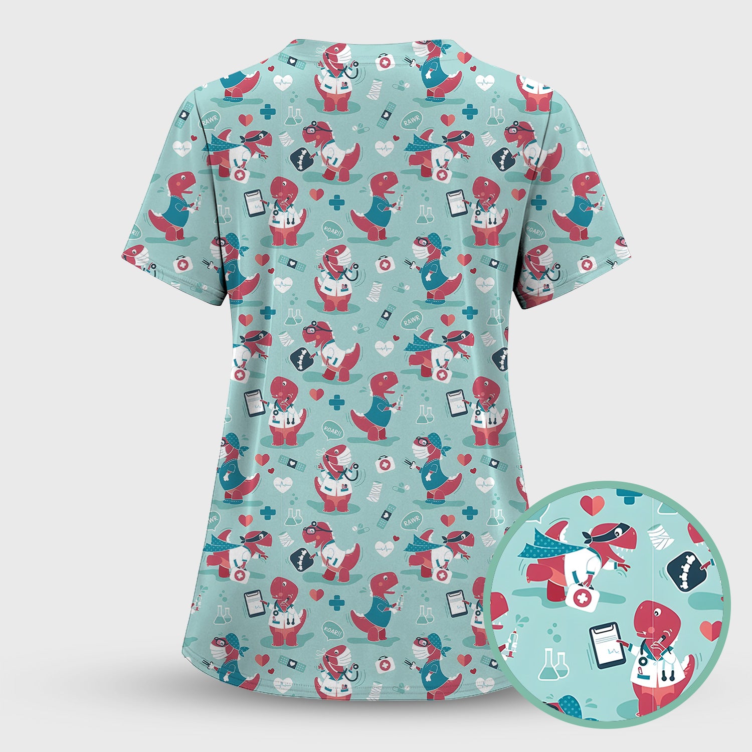 Cute Dinosaur Doctor Medical Pattern Scrub Top, Breathable Fabrics Nursing Uniform