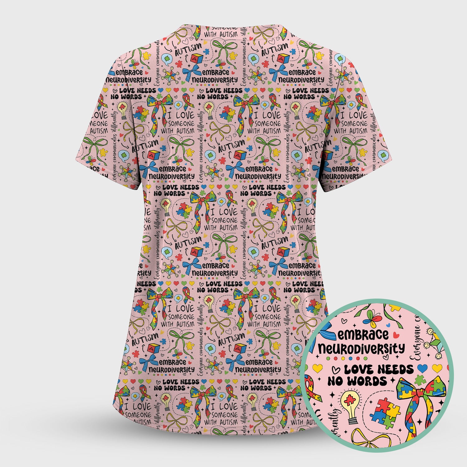 Autism Awareness Puzzle Ribbon Pattern Scrub Set, Scrub Pants and V Neck Top