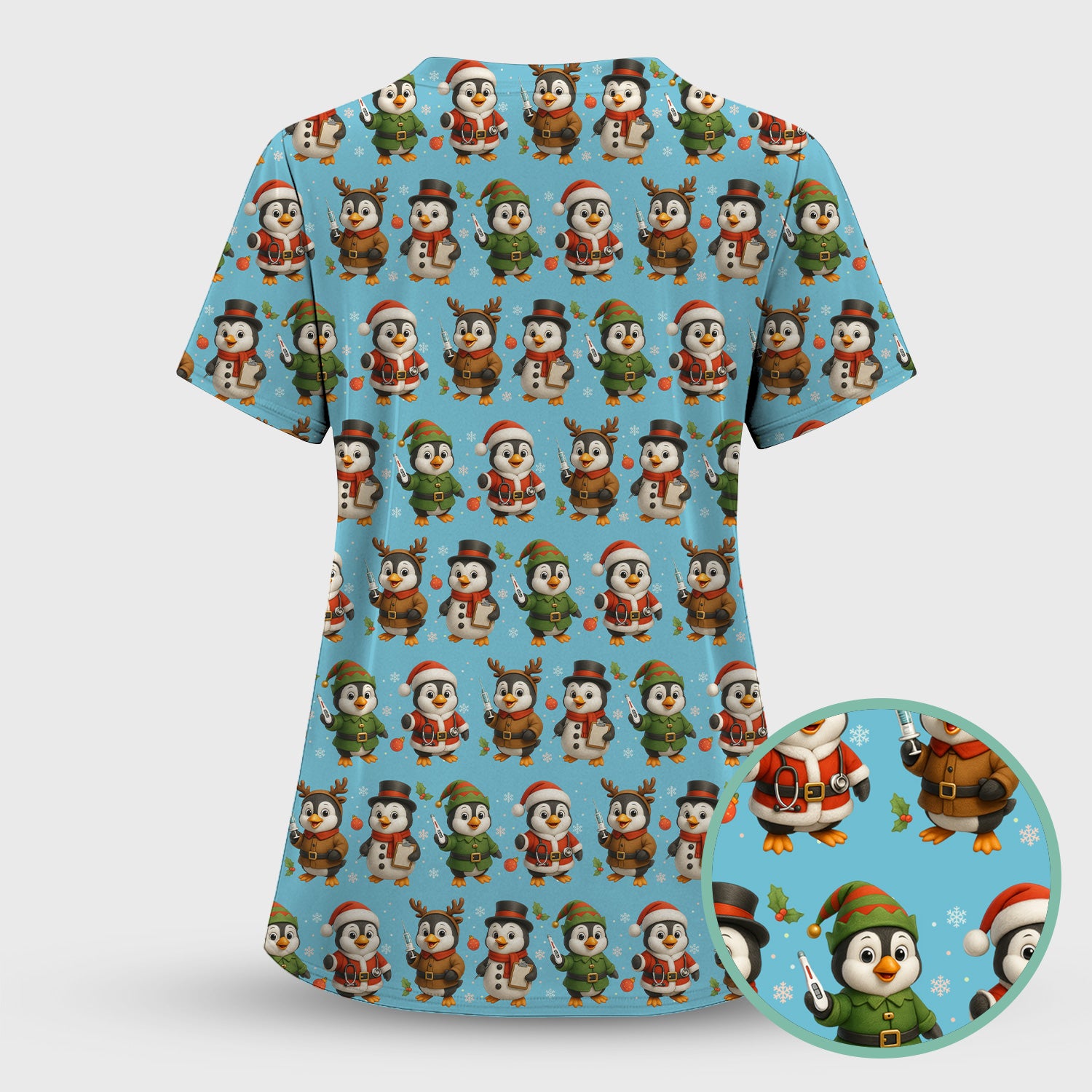 Penguin Christmas Scrubs Set - Adorable Holiday Pattern Scrub Top & Pants - Cute Penguin Scrubs for Women Christmas Season