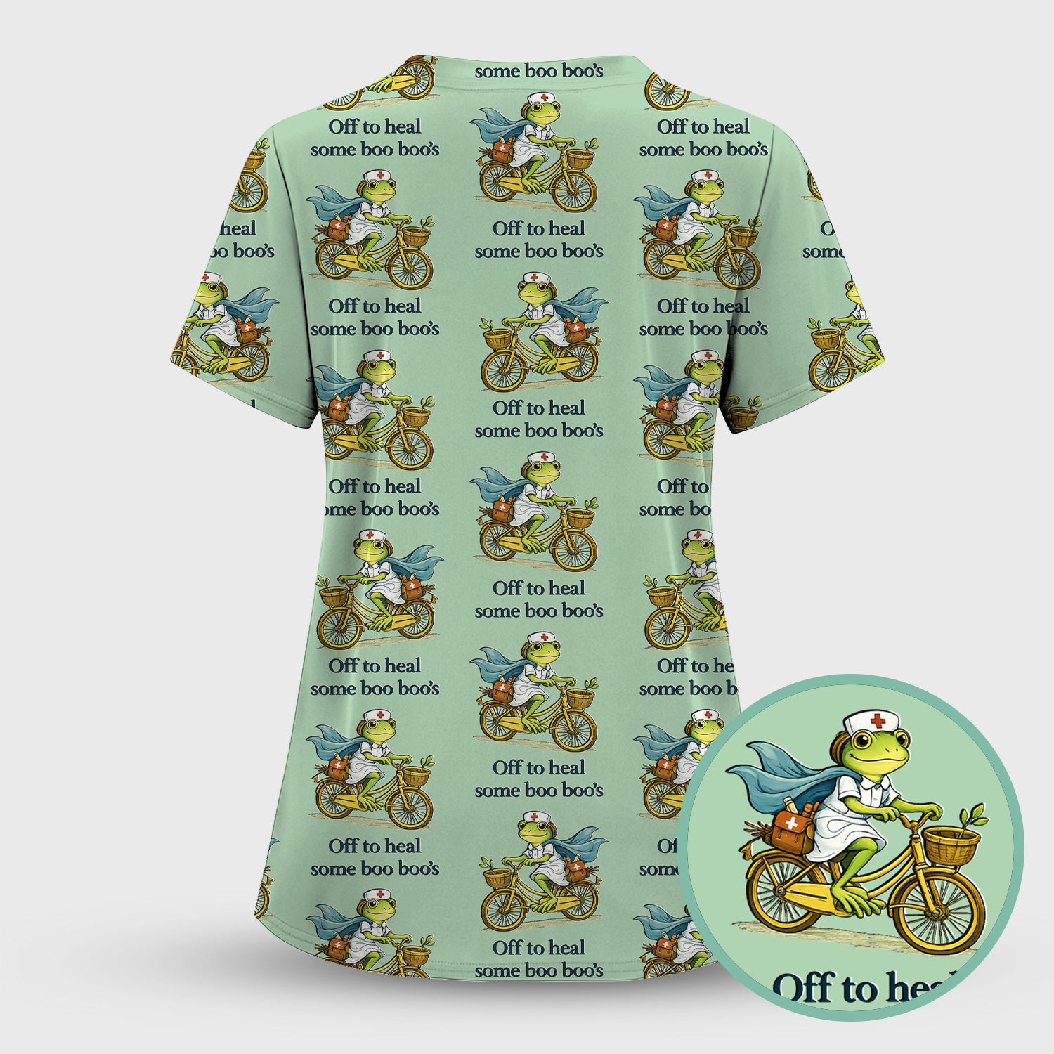Funny Frog Nurse Cycling Pattern Scrub Top, Comfortable Scrubs for Nurses