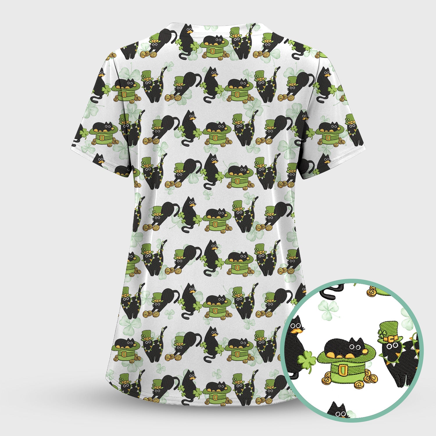 St. Patrick Black Cat Clover Print Nurse Scrub Top, Comfortable Scrubs for Nurses