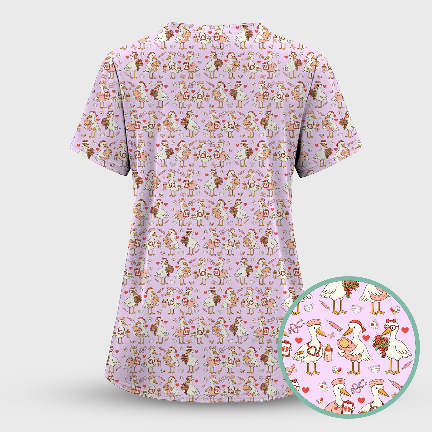 Cute Goose Nurse Valentine Print Scrub Set, Breathable Med Uniform