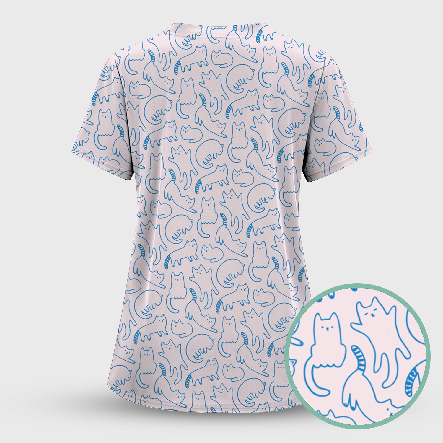 Artistic Cat Pattern Medical Scrub Top, Breathable Fabrics Nursing Uniform