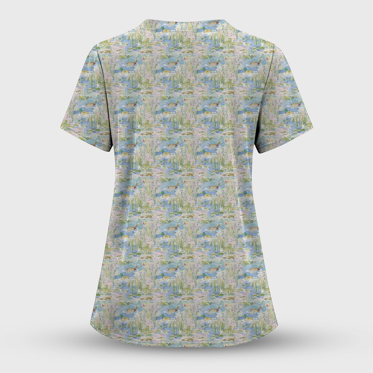 Ducks in Pond Water Pattern Scrub Top, Breathable Fabrics Nursing Uniform