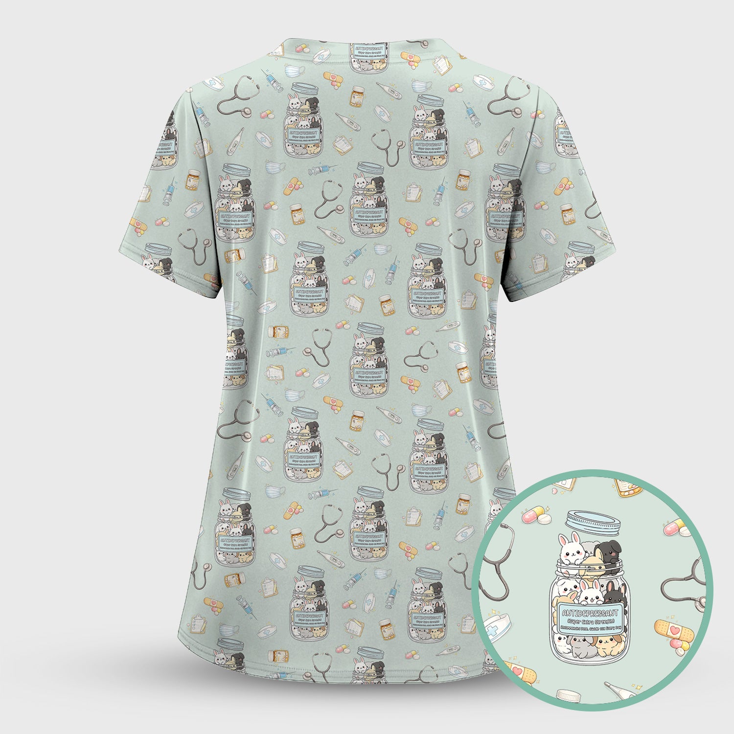 Whimsical Antidepressant Rabbit Jar Design Nurse Scrub Top, Soft & Breathable Workwear