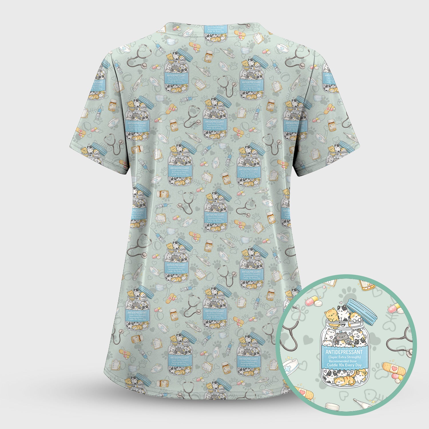 Cute Antidepressant Cat Jar Print Nurse Scrub Top, Breathable Fabrics Nursing Uniform