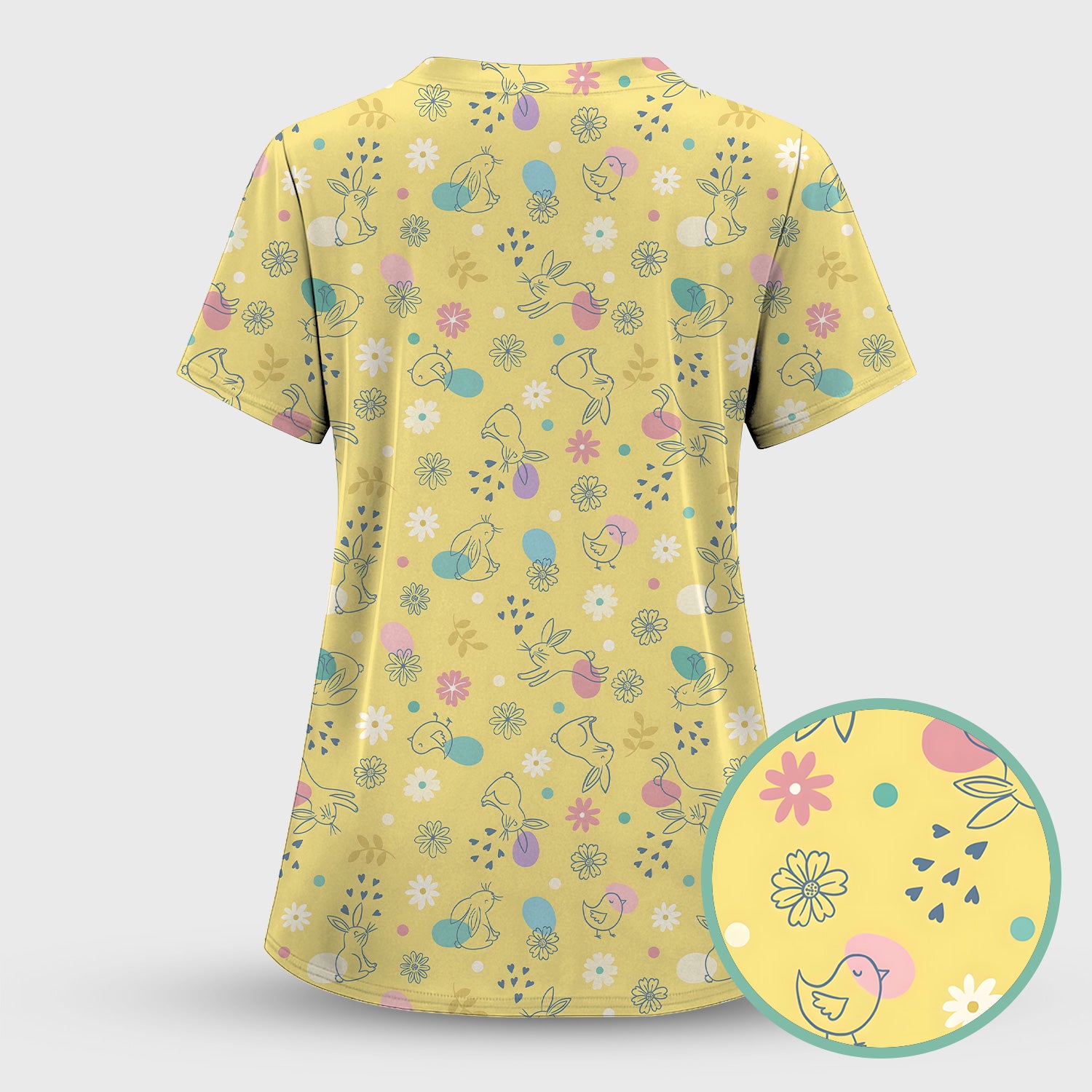 Whimsical Easter Bunny Eggs Pattern Scrub Top, Comfortable Scrubs for Nurses