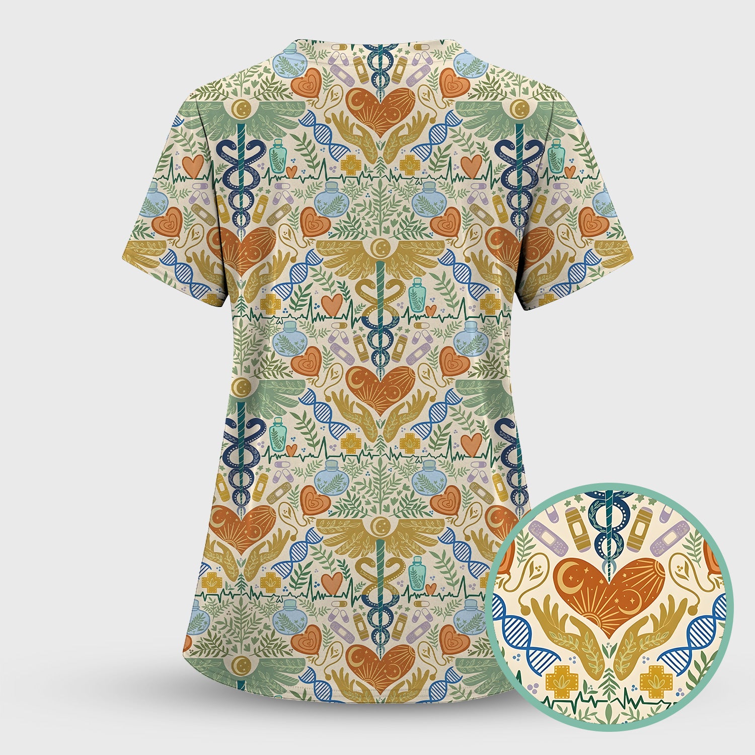 Inspirational Botanical Medical Caduceus Heart Nurse Pattern Scrub Set, Breathable Med Uniform