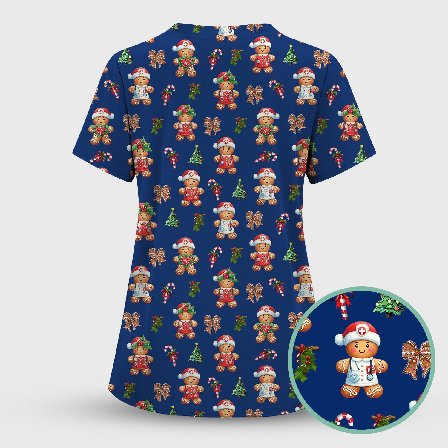 Funny Christmas Scrub Top for Nurse - Adorable Gingerbread Candy Cane Bow- Festive Medical Uniform for Women