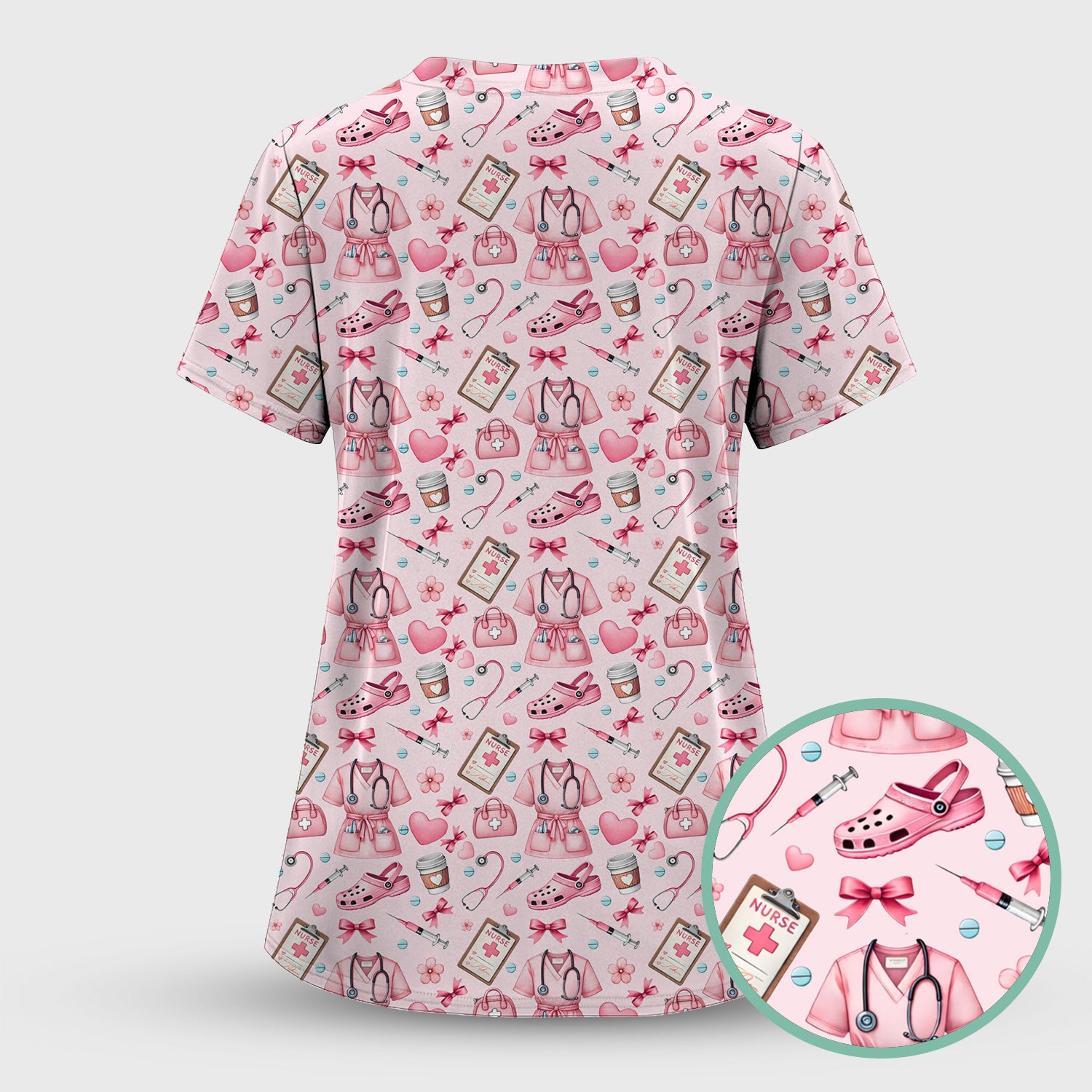 Valentine Pink Nurse Icons Print Scrub Top, Comfortable Scrubs for Nurses