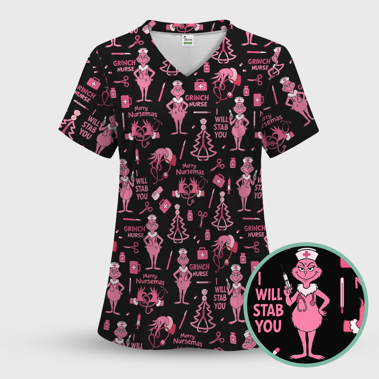 Personalized Funny Grinch Nurse Scrub Top - I Will Stab You - Multiple Color Options RN LPN CNA Gift