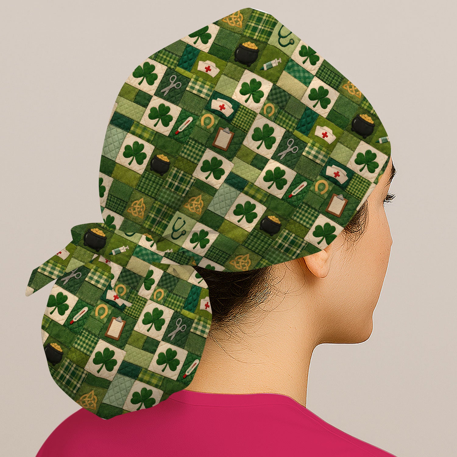 St Patrick Medical Patchwork Shamrock Bouffant Cap, Surgical Caps for Doctors