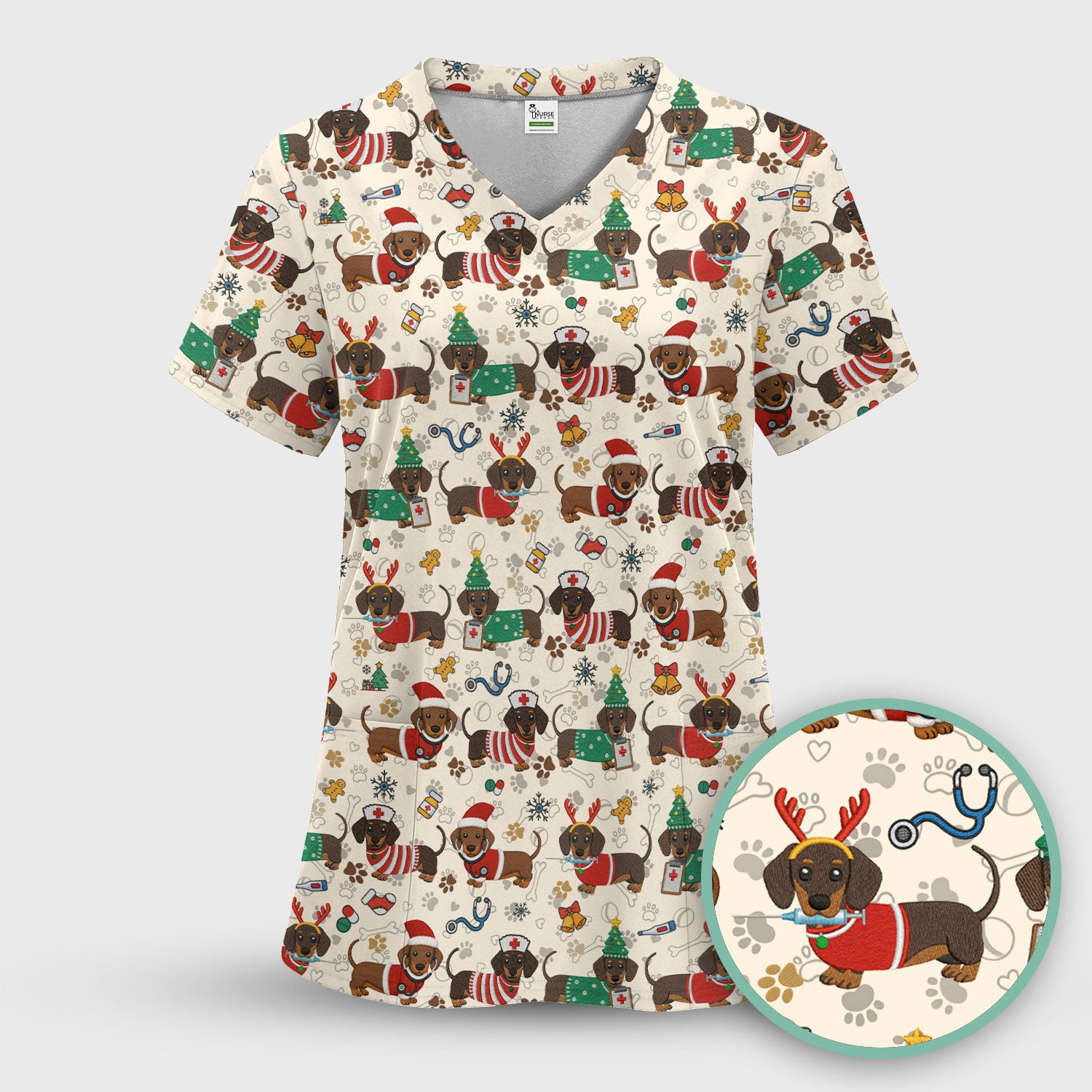 Christmas Dachshund Scrub Top for Nurses - Cute Wiener Dog Pattern Medical Shirt - Festive Holiday Scrubs Gift for Women RN CNA LPN